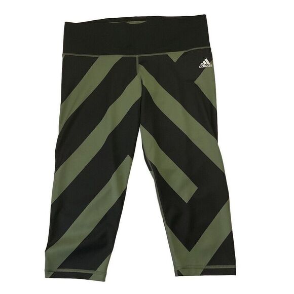 Adidas Mid Rise Cropped Leggings Womens Large 14/16 Army Green & Black - Picture 1 of 8